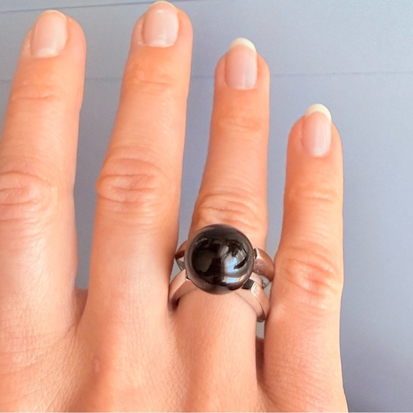 Modernist Black Onyx Sphere Ball Sterling Silver Ring TD Designer - Picture 13 of 15